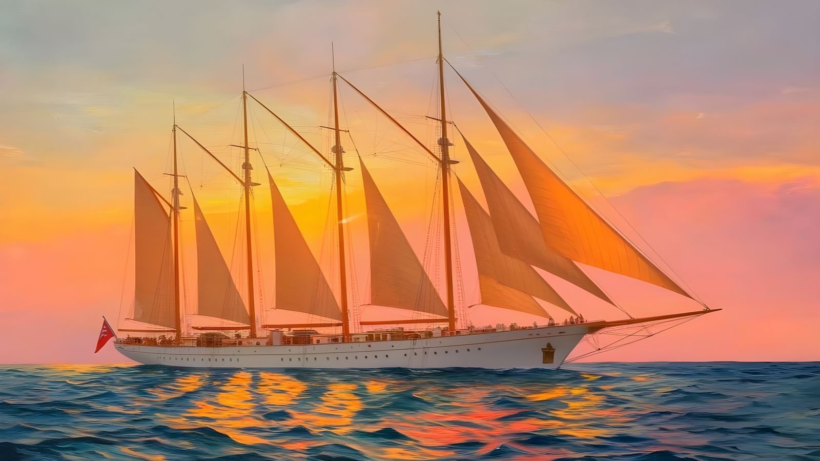 Sailing Yacht in 19th-Century Marine Art Style at Sunset
