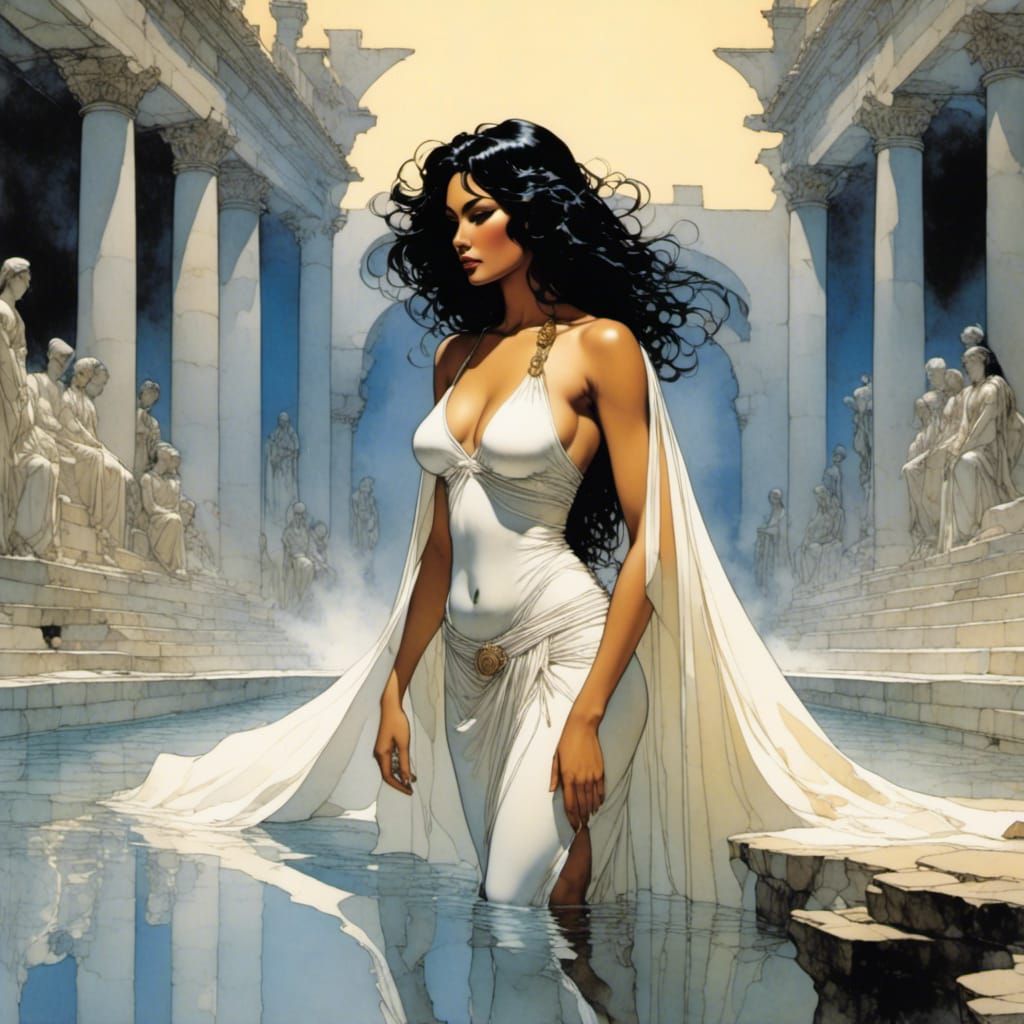 Stunning Woman Enters Pool in Watercolor Comic Style