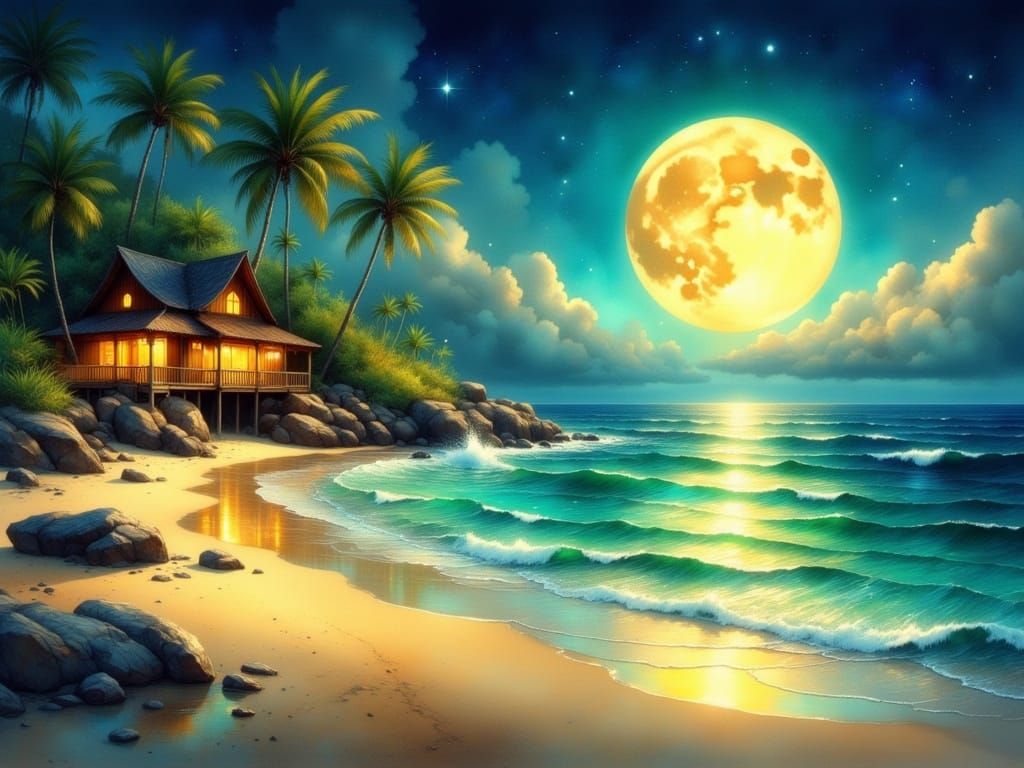 Moonlit Tropical Beach as Digital Painting