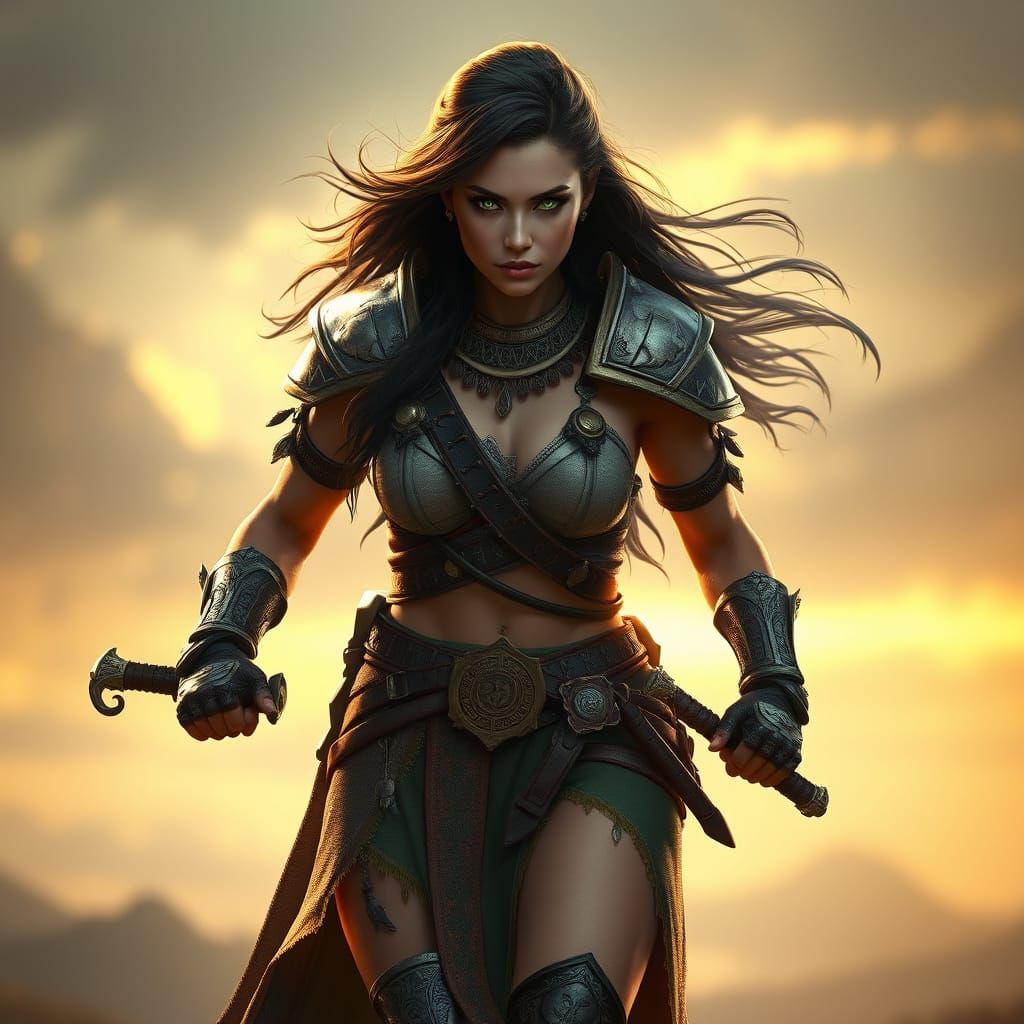 Epic Fantasy Warrior Woman Illuminated by Golden Light