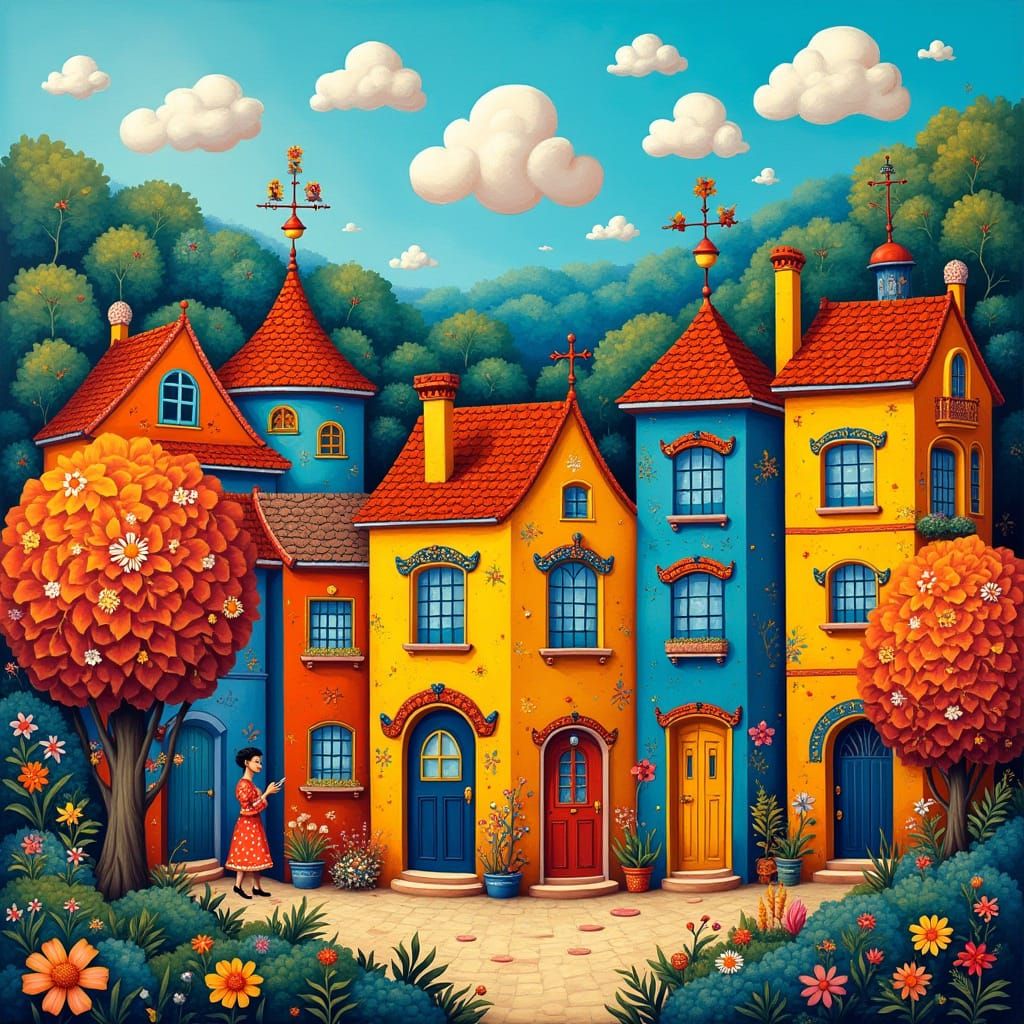 Vibrant Folk Art Town in Whimsical Colors