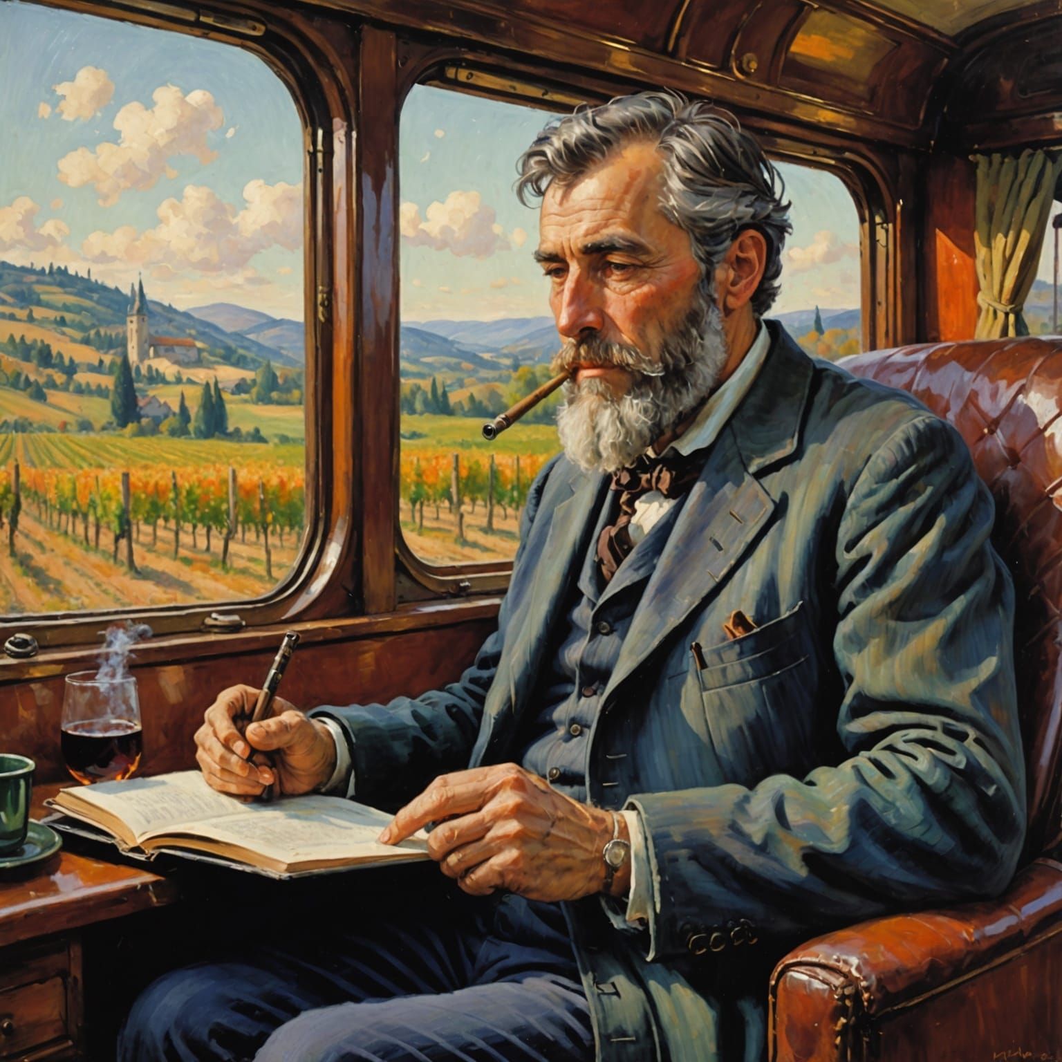 Man Reading in Old Train Carriage, Impressionist Style