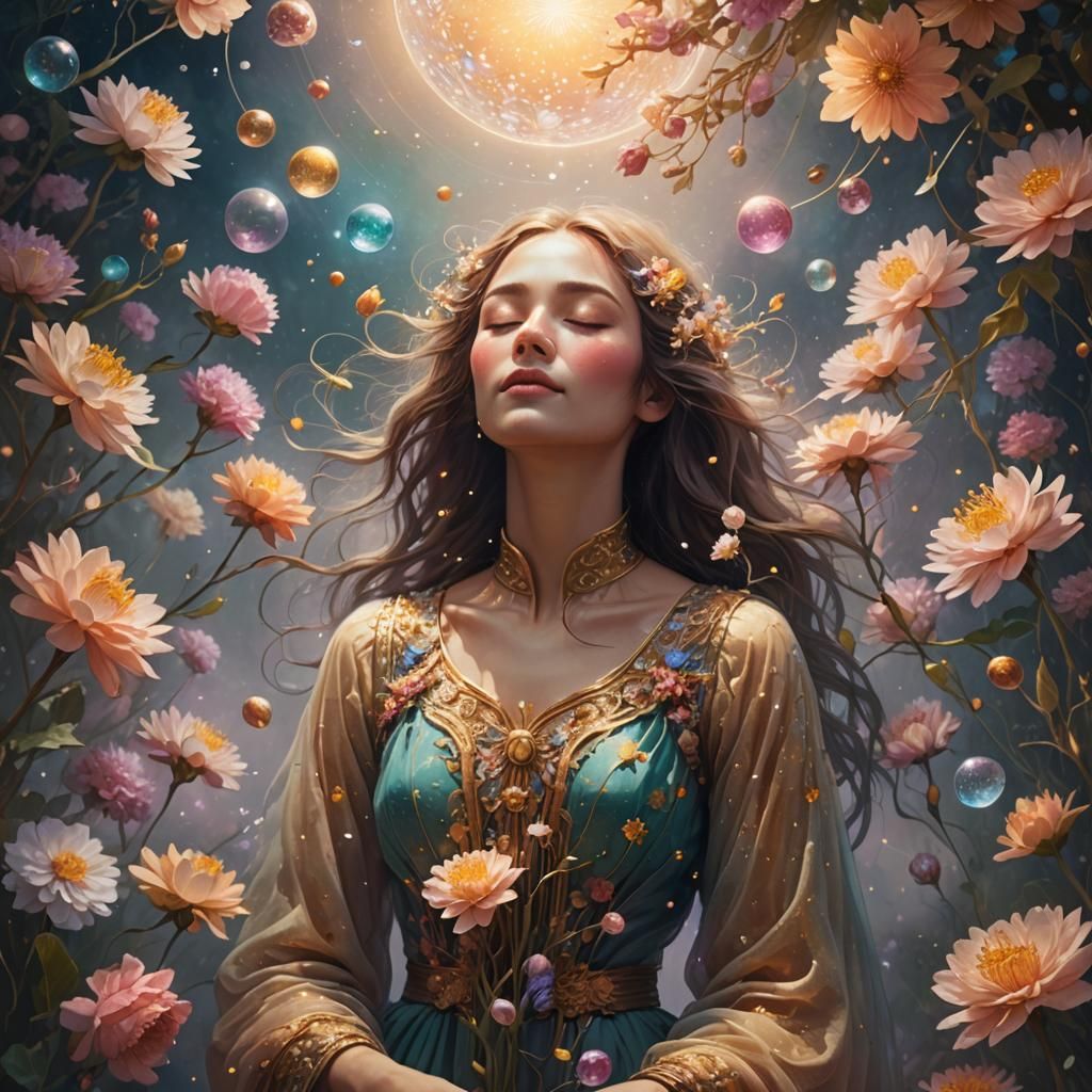 Ethereal Woman Surrounded by Blooming Flowers