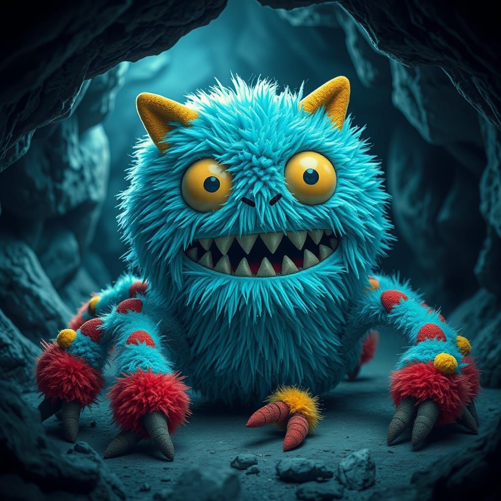 Colorful Pom-Pom Monster in a Dimly Lit Cave