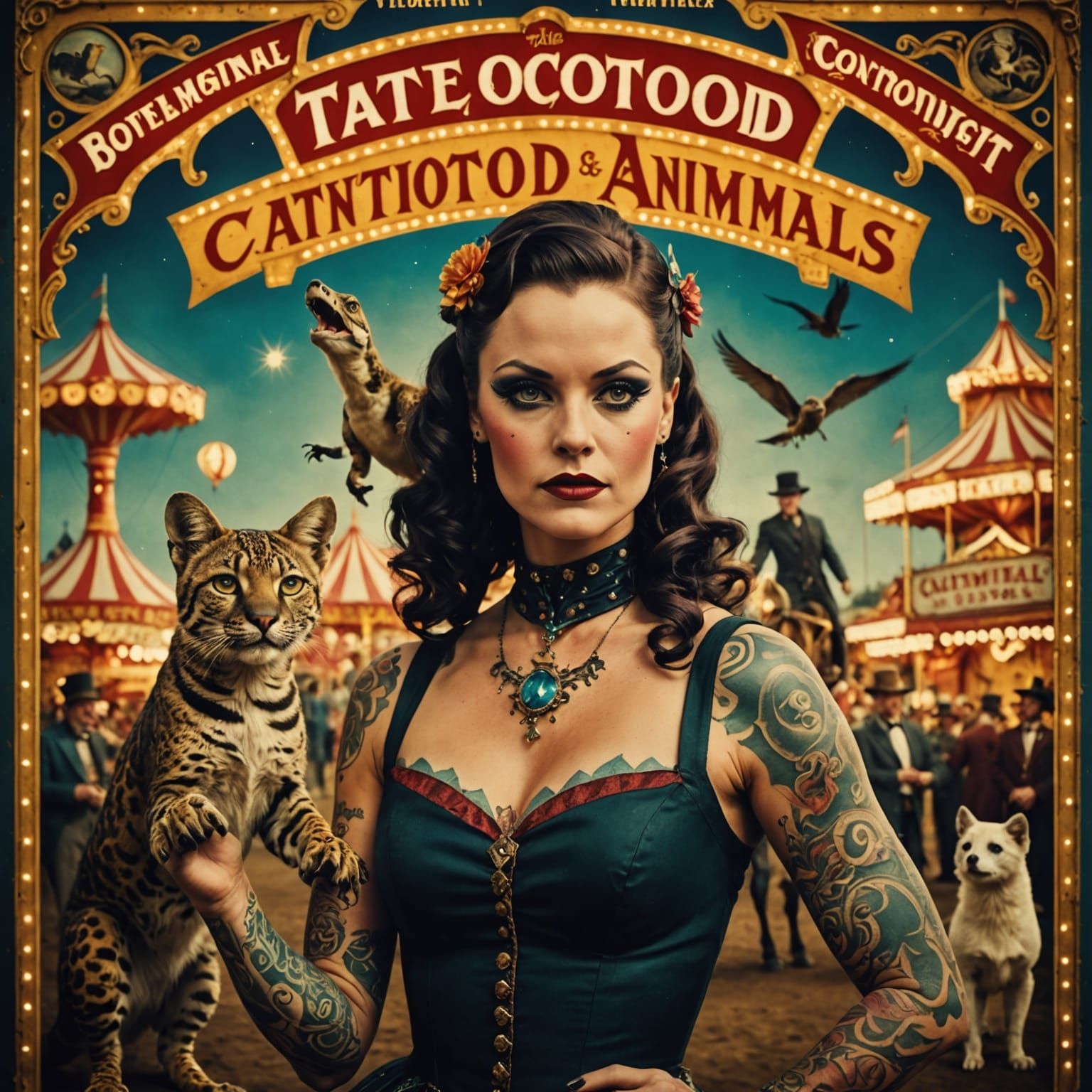 Vintage Carnival Poster: Tattooed Contortionist & Magic Anim...