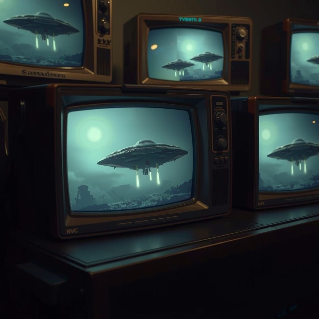 Retro TVs Display Alien Landing, Dark Hyperrealistic Style