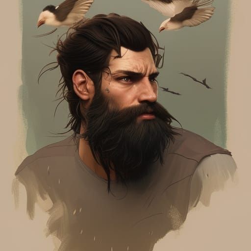 Bearded Man Portrait with Birds, Detailed Digital Art