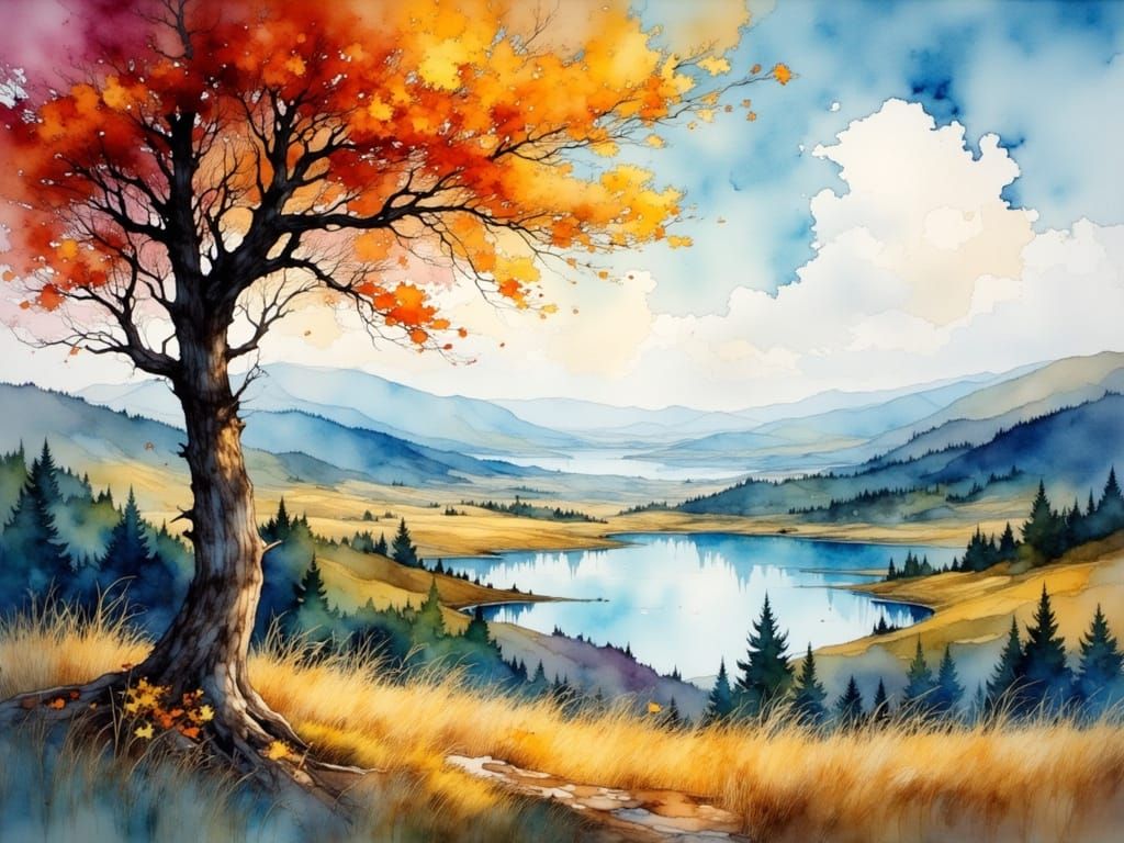 Cubist Watercolour View of Distant Loch