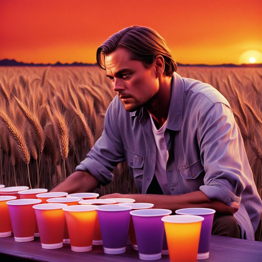 Actors Play Beer Pong in Golden Field at Sunset