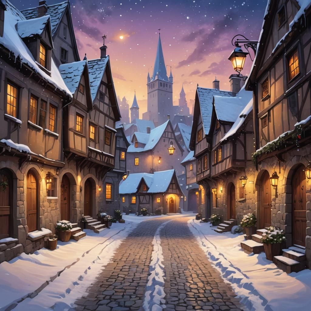 Snowy Medieval Village Alley Street View Digital Painting
