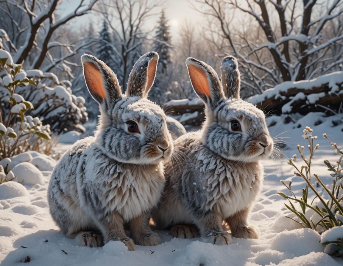 Hyperrealistic Fluffy Bunnies in Snow, Mixed Media