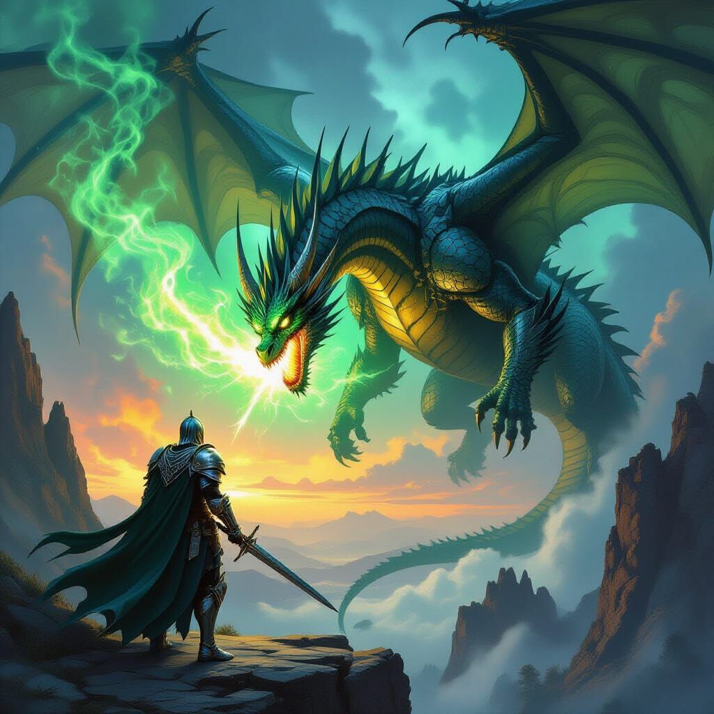 Epic Fantasy Knight Battles Colossal Dragon on Cliff