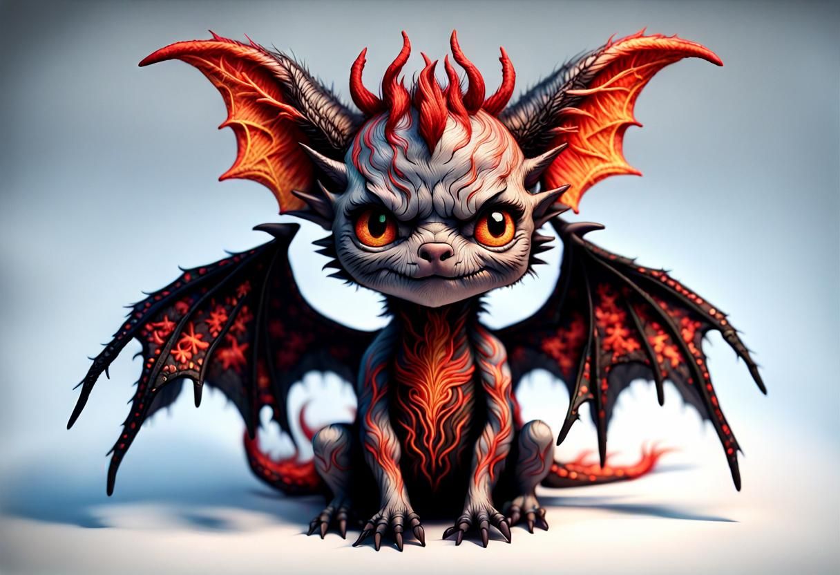 Embroidered Chibi Devil Bat-Dragon Artwork