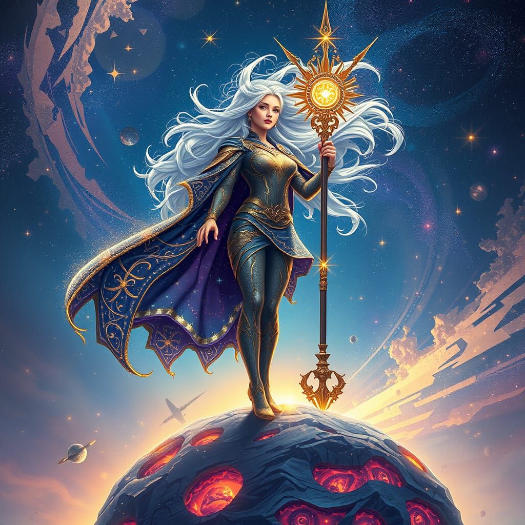 Galactic Goddess with Cosmic Cape and Staff