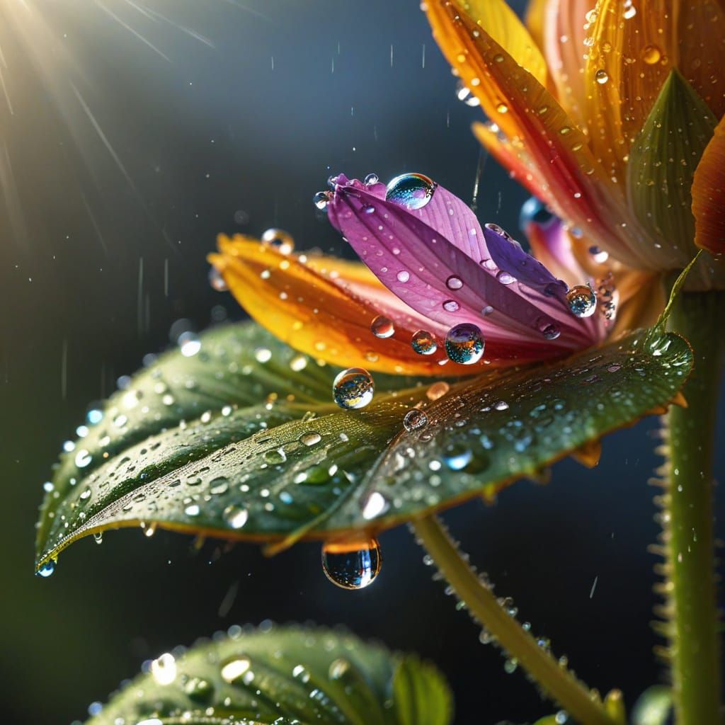 Raindrop Rainbows on a Flower: Hyper-Realistic Macro