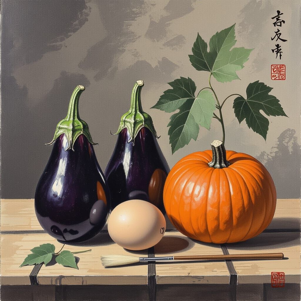 Japanese Still Life: Eggplants and Pumpkins in Graphite