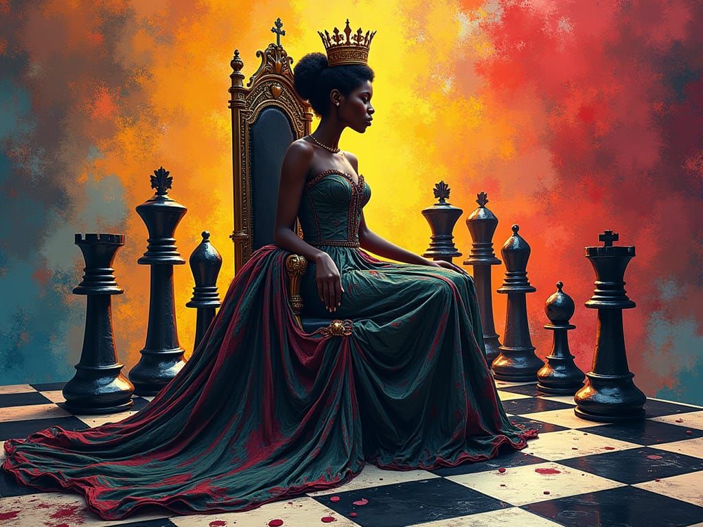 African Queen on Chessboard Throne in Vibrant Pop Art