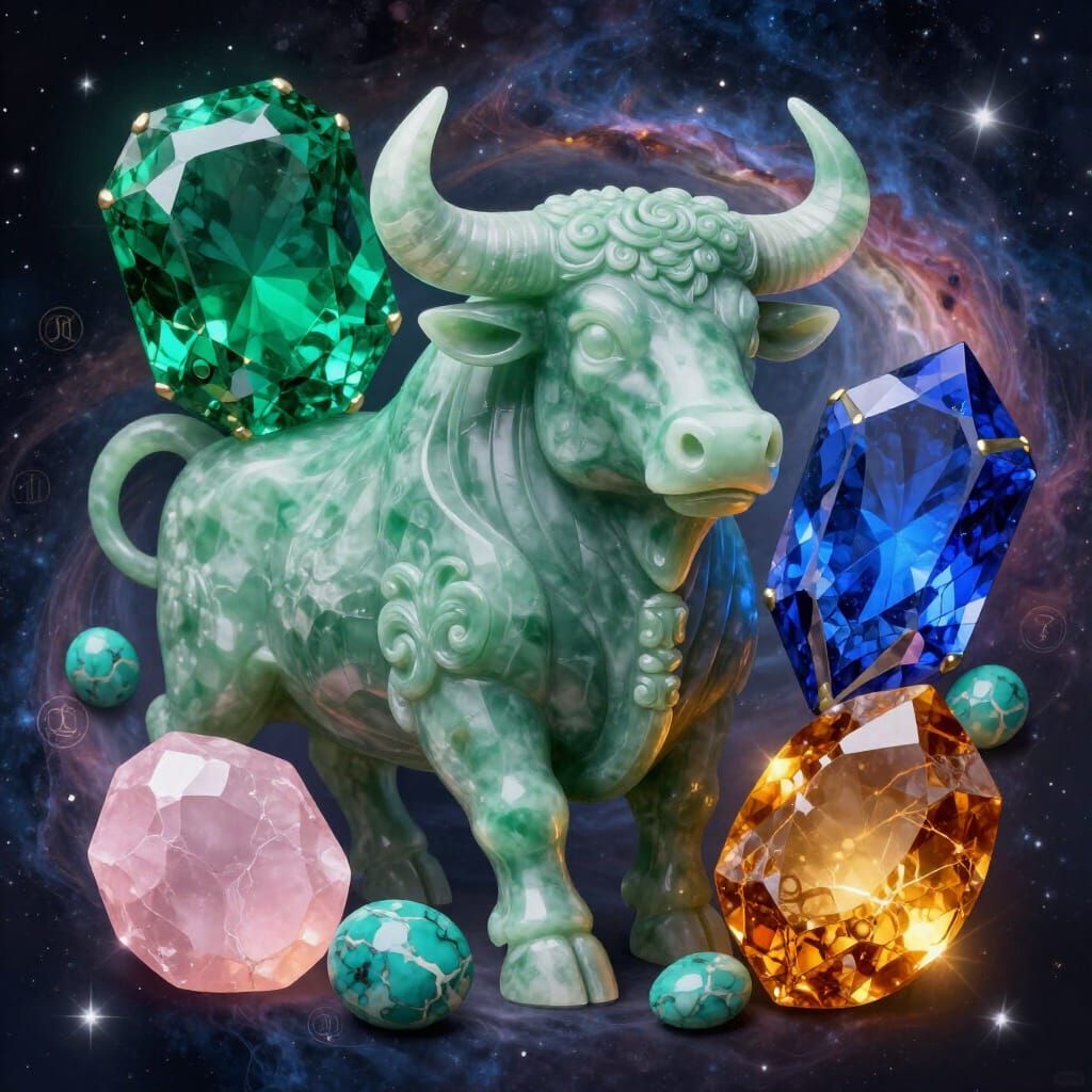 Taurus Zodiac Bull Carved from Jade with Gemstones