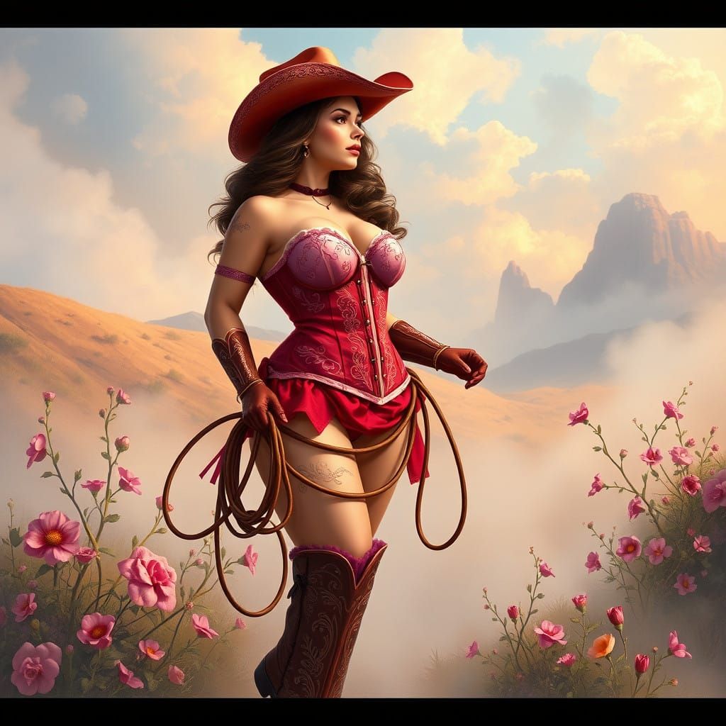 Sultry Cowgirl in Whimsical Landscape with Intricate Embroid...