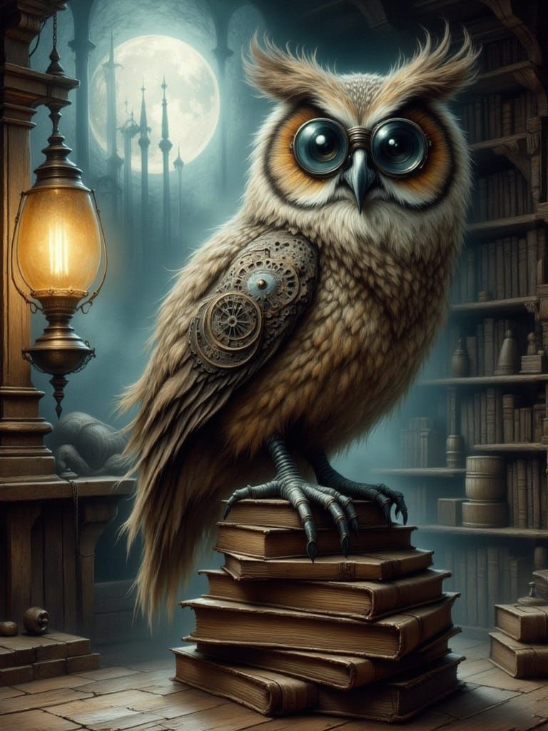 Steampunk Owl Oil Painting in Gothic Library
