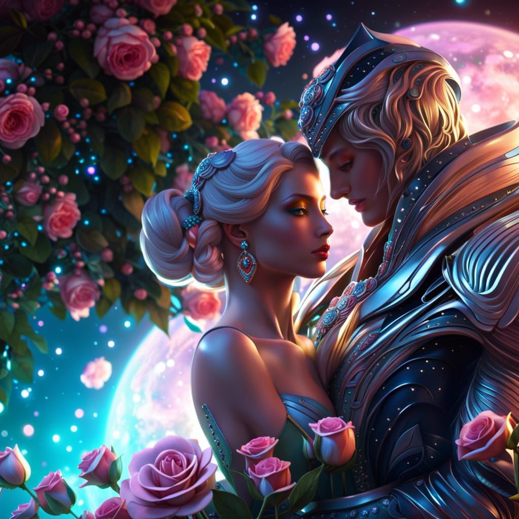 Lovers' Embrace in a Futuristic Celestial Garden