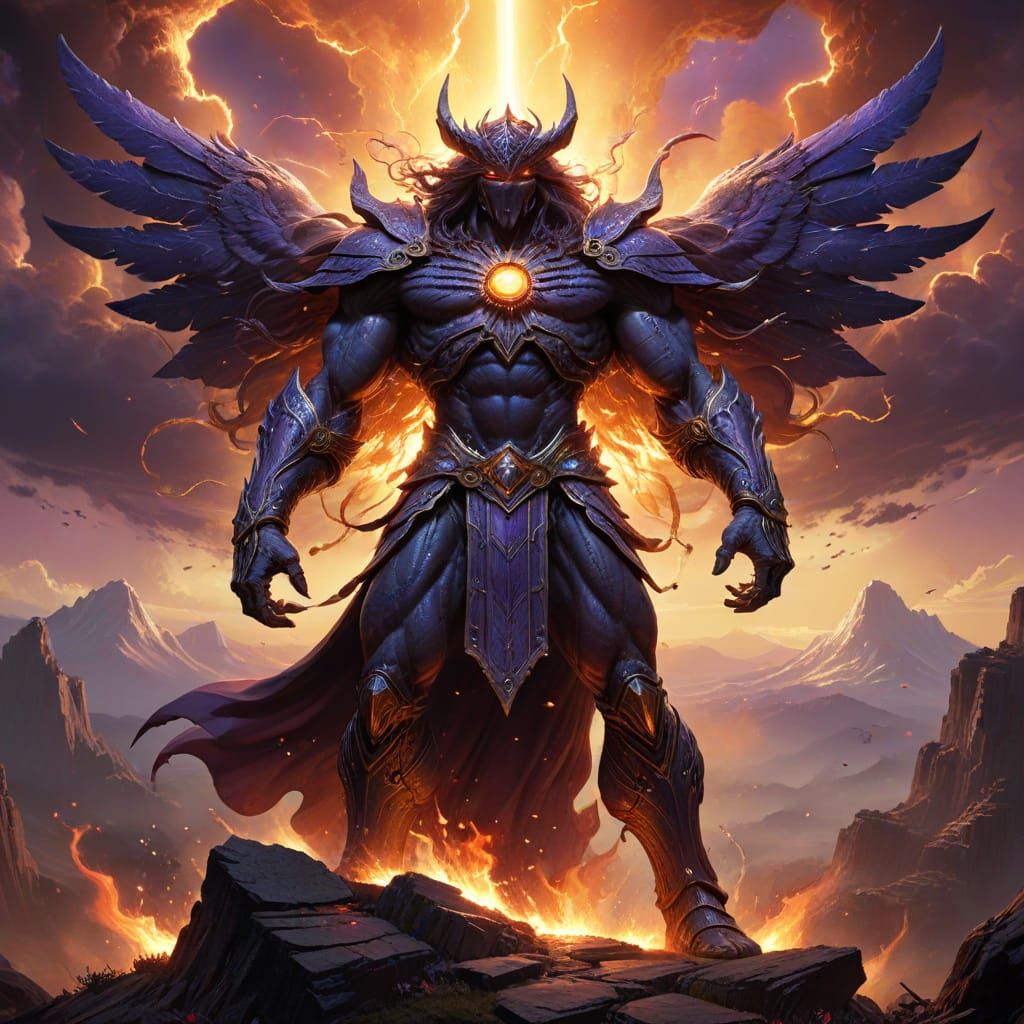 Majestic Solar God Embodies Celestial Forces in Dark Fantasy...