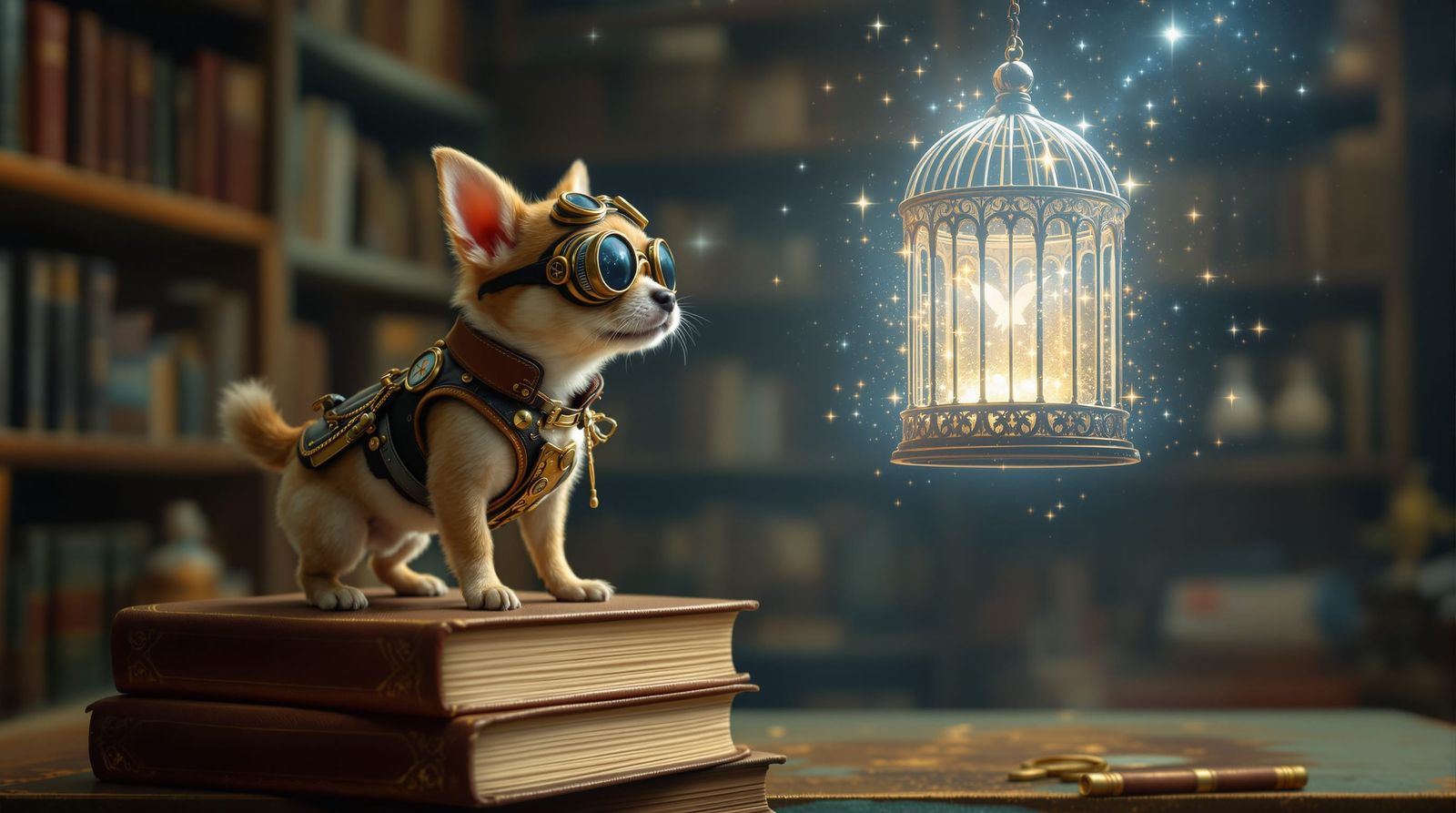 Steampunk Chihuahua on Books Gazing at Stardust Birdcage