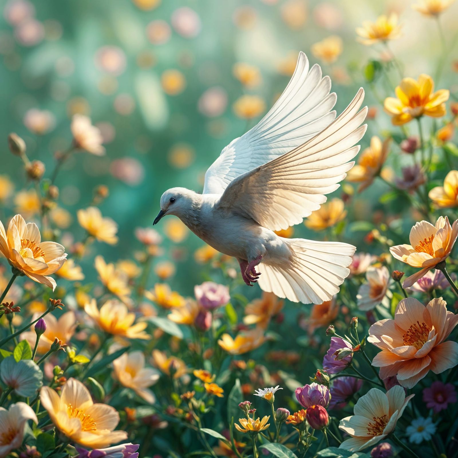 Dreamlike Dove Soars in Exotic Flower Field