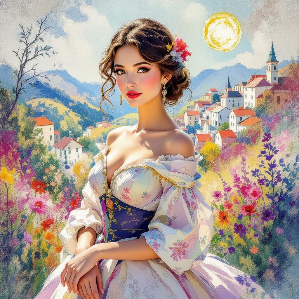 a beautiful woman, colorful background An old man stands at ...