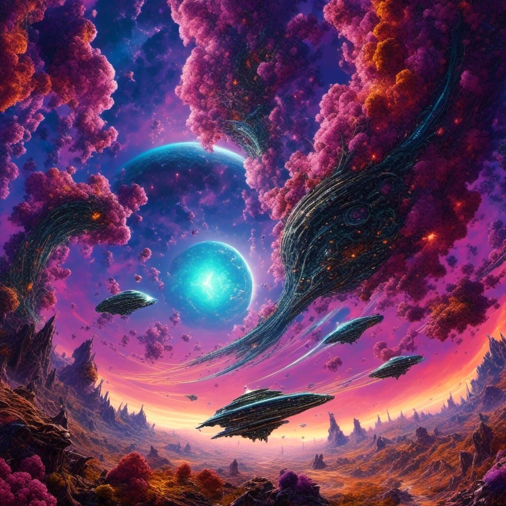 Cybertron Fleet in Alien Nebula: 3D Cinematic Render