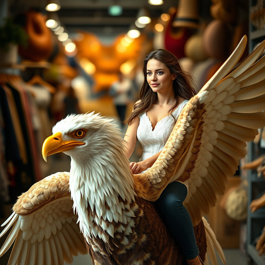 Woman Rides Griffin Through Shop: Photography