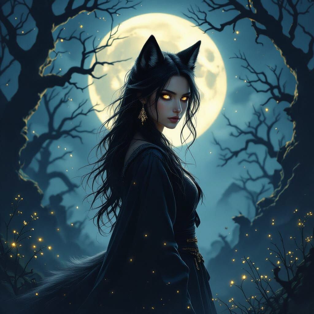 Mystical Wolf-Eared Woman Under Full Moon