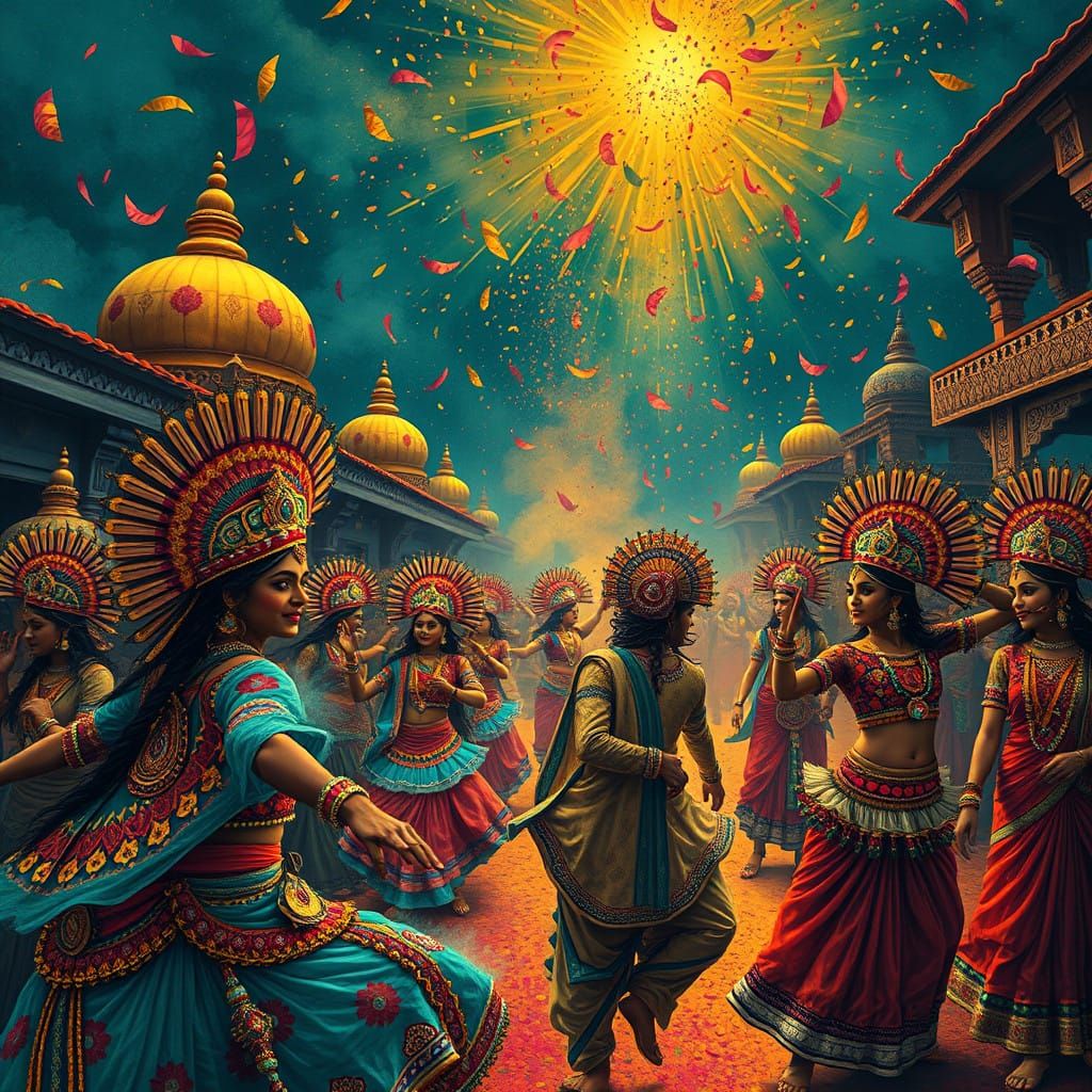 Ethereal Indian Carnival in Vibrant Madhubani Style