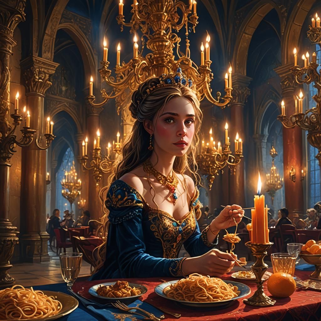 Princess Eats Spaghetti in Luxurious Castle Dining Hall