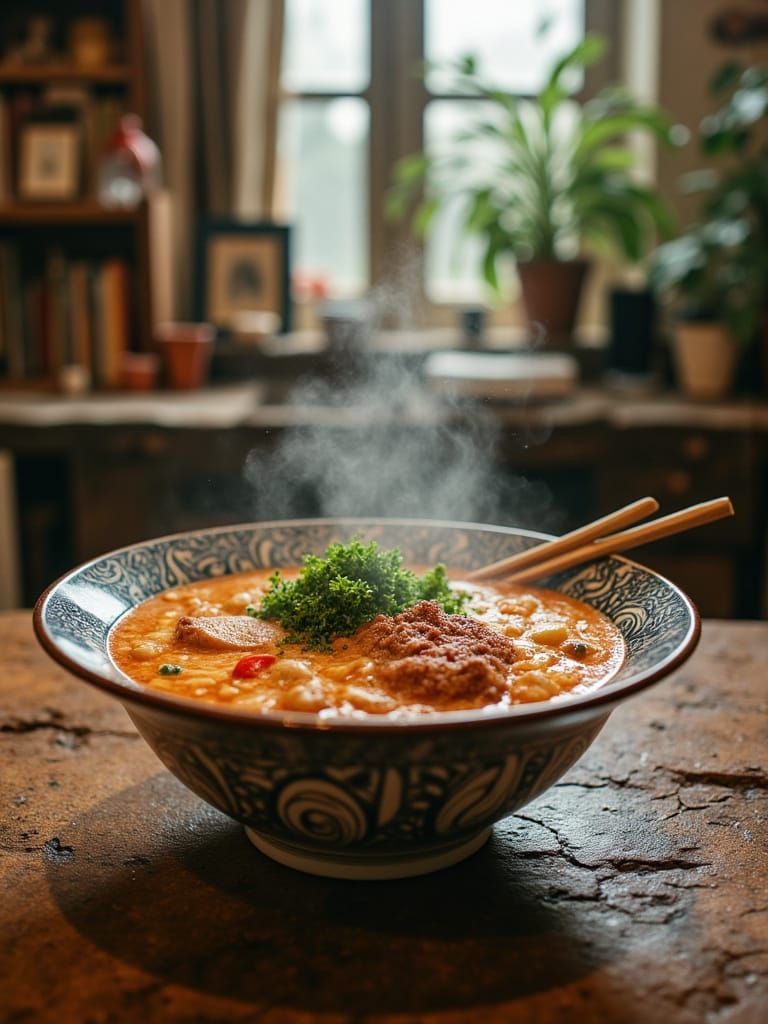 Steaming Bowl of Ramen in a Dreamy Uzbek Home
