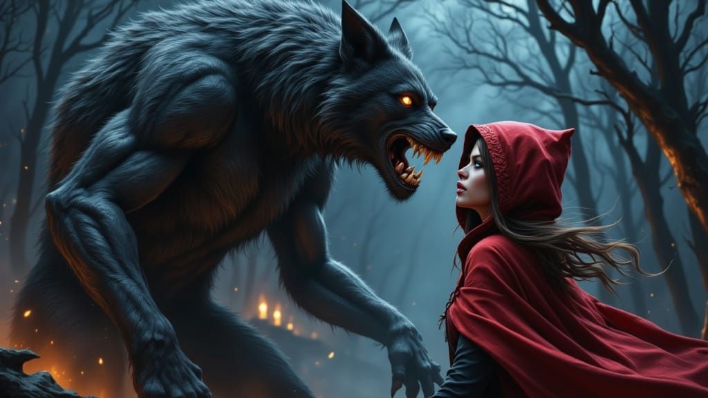 Little Red Riding Hood Chased by Werewolf in Dark Fantasy