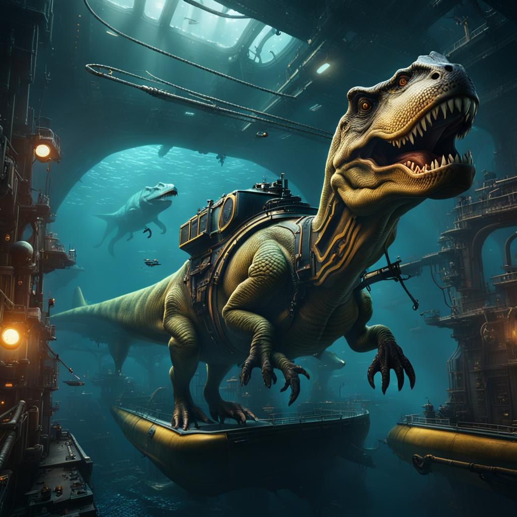 T. Rex Rides Submarine: Detailed Matte Painting