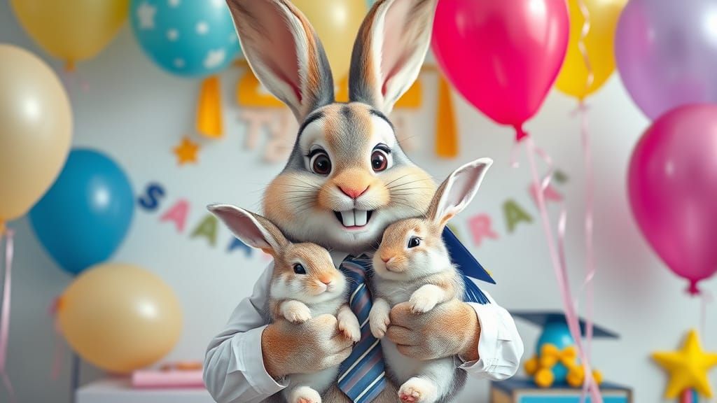 Dad Bunny Hugs Graduate in Realistic Photograph