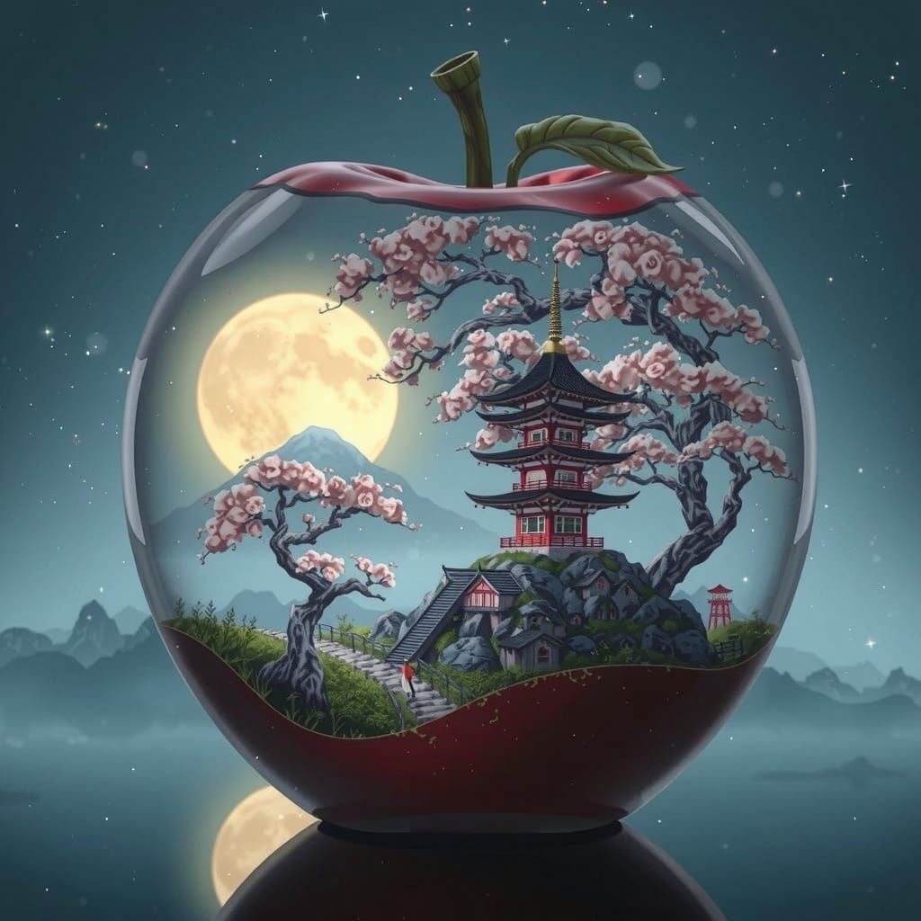 Lunar Japanese Landscape in Glass Apple: Holographic Illustr...