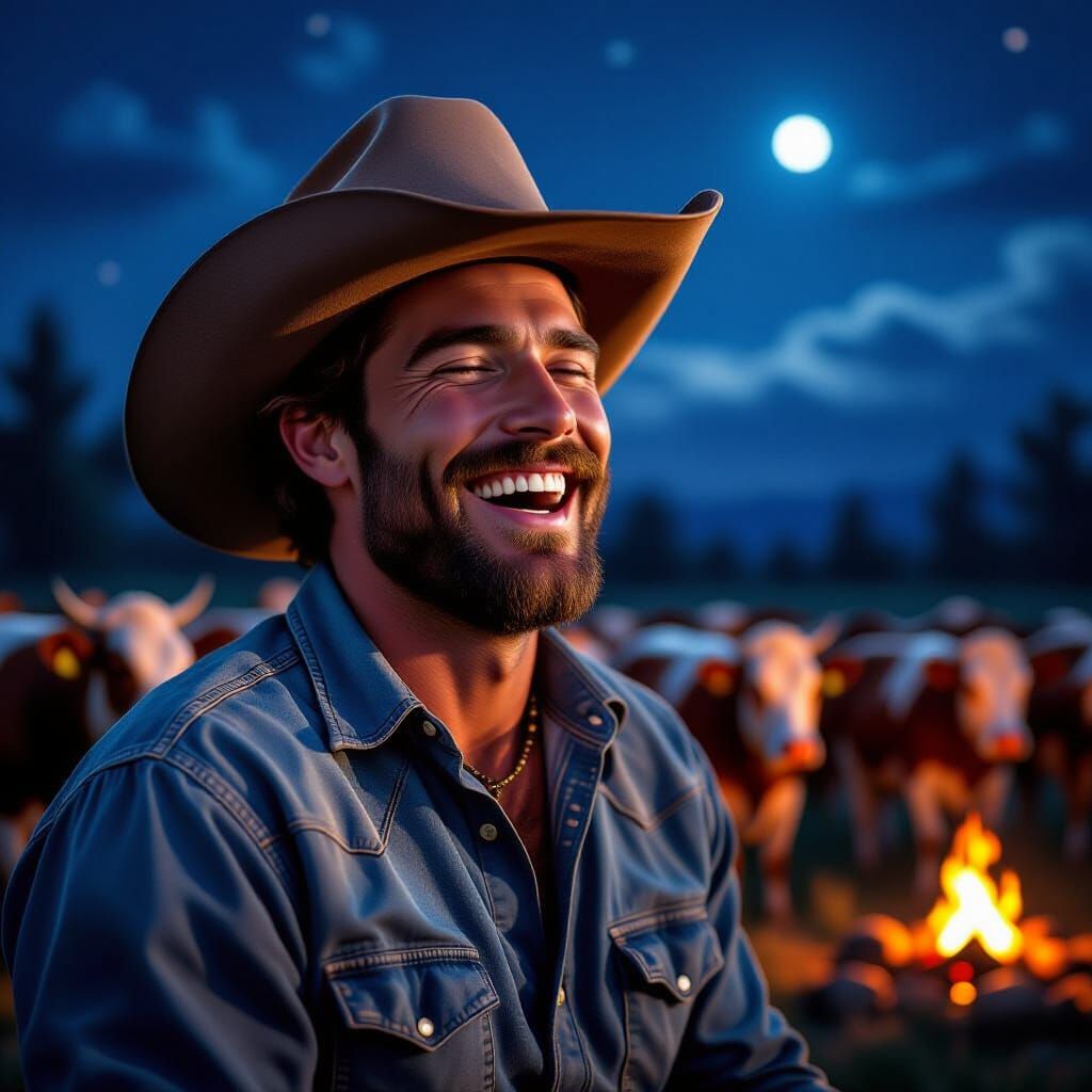 Cowboy Sings to Cows Under Starlit Night Sky