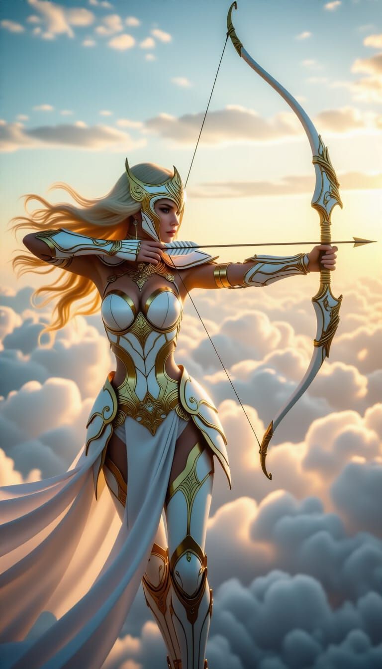 Celestial Huntress in Gold Armor: Hyperrealistic Sci-Fi Art