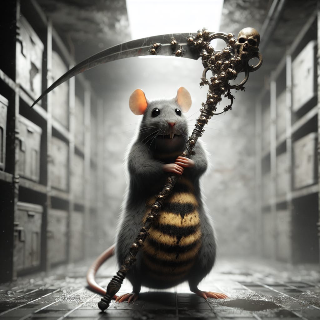 Bee-Patterned Rat with Scythe in Dystopian Room