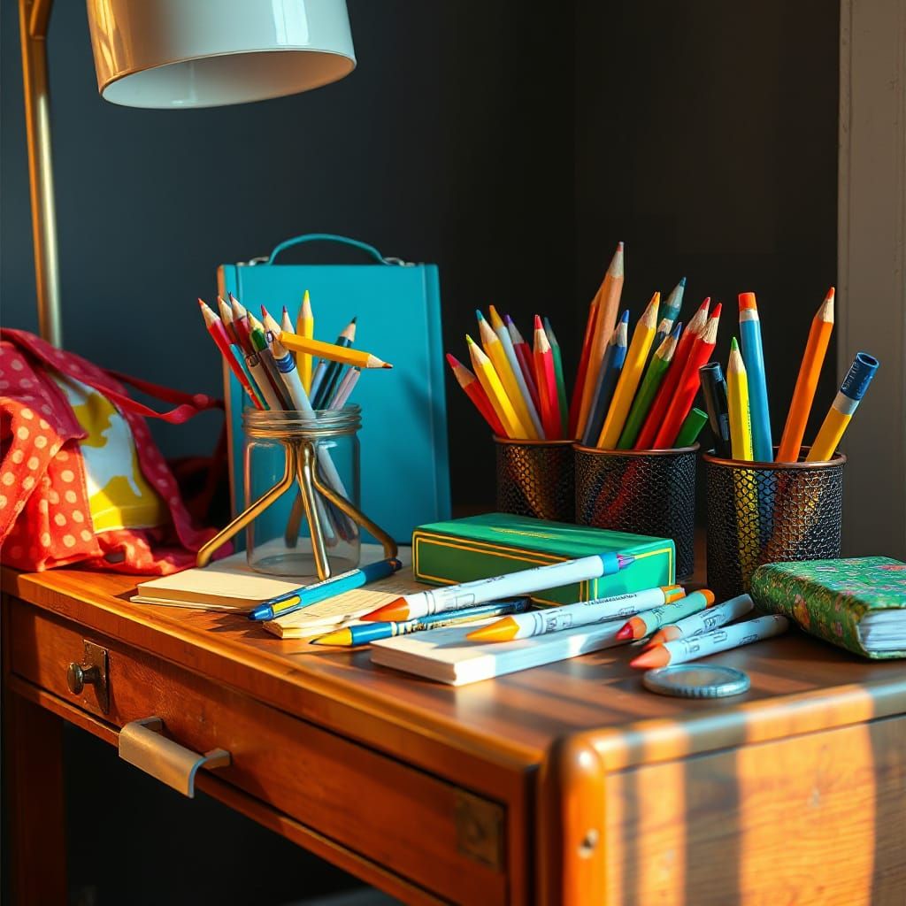 Whimsical Still Life of School Supplies in Warm Golden Light
