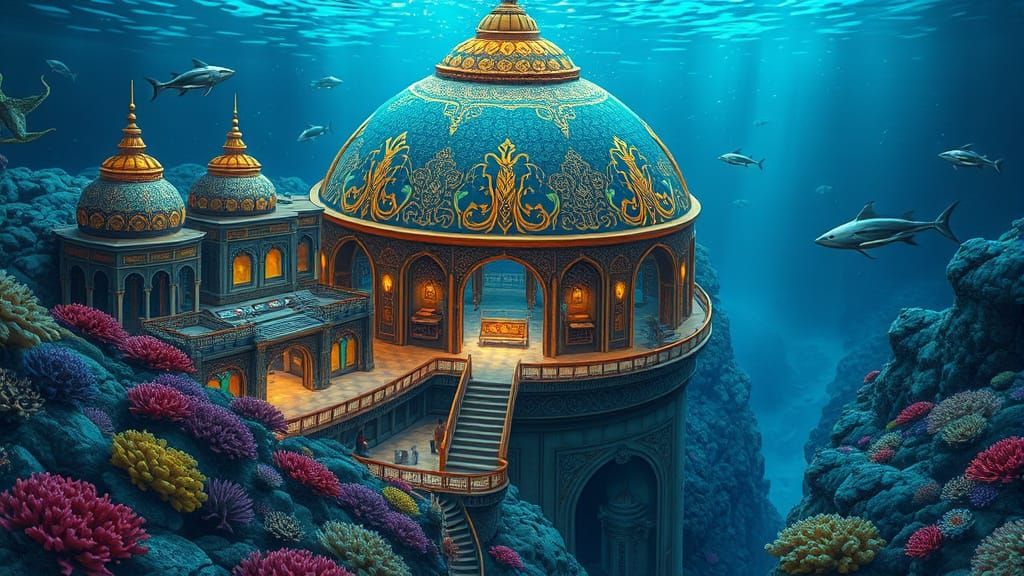 Ottoman Miniature Style Underwater Dome City with Robotic Se...