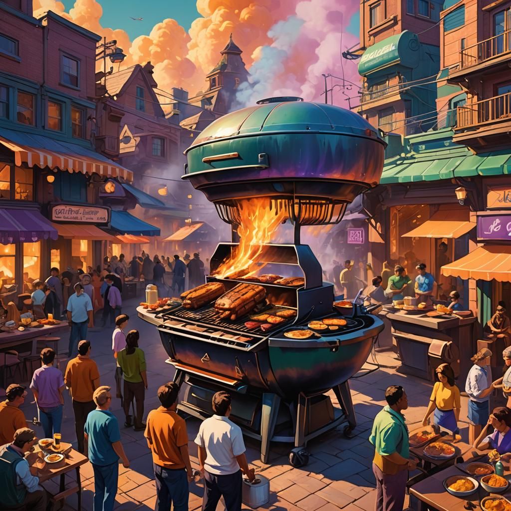 Giant BBQ in Whimsical Town: Fantasy Concept Art