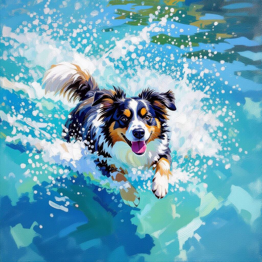 Joyful Dog Paddling in Sunlit Water, Impressionistic Style