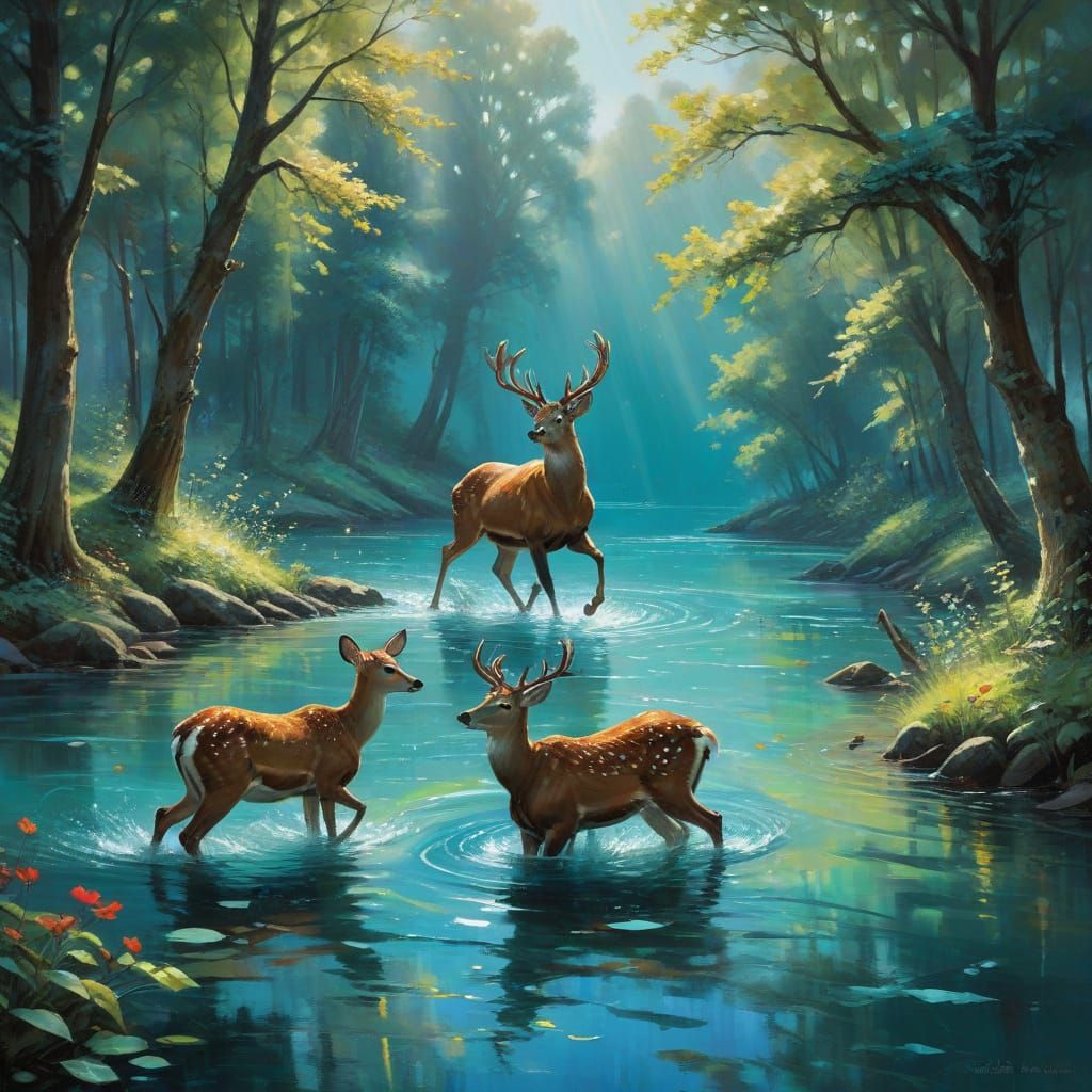 Deers Leap in Unison Over Turquoise Lake in Vibrant Style