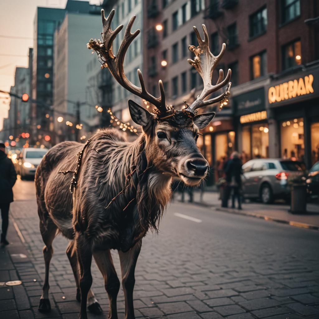 Hyperrealistic Reindeer in City at Golden Hour