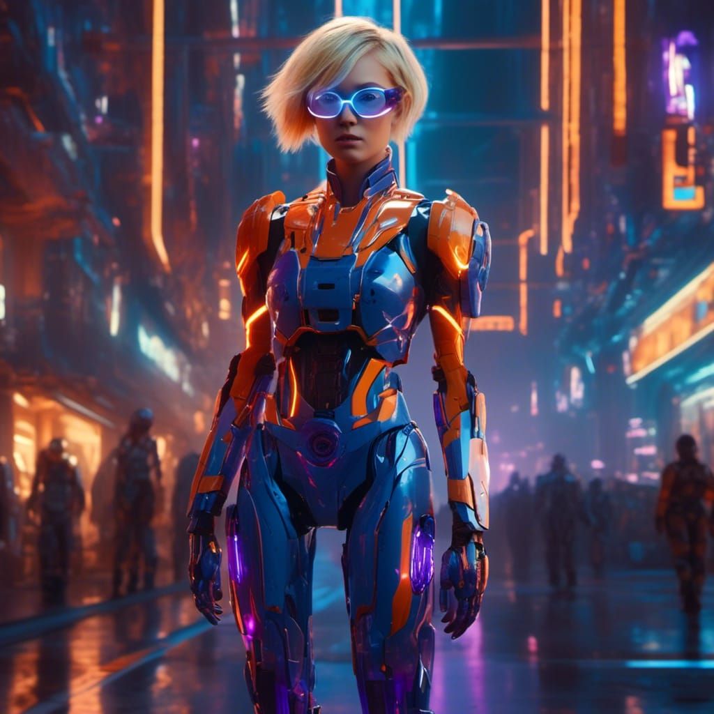 Cyberpunk Woman with Robotic Enhancements and Neon Glow
