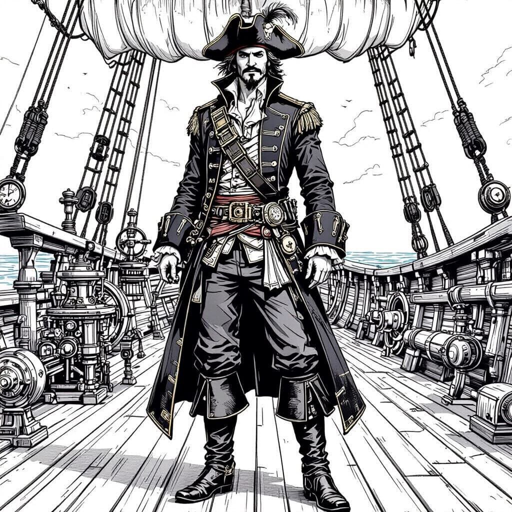Calico Jack on Steampunk Ship in Detailed Line Art